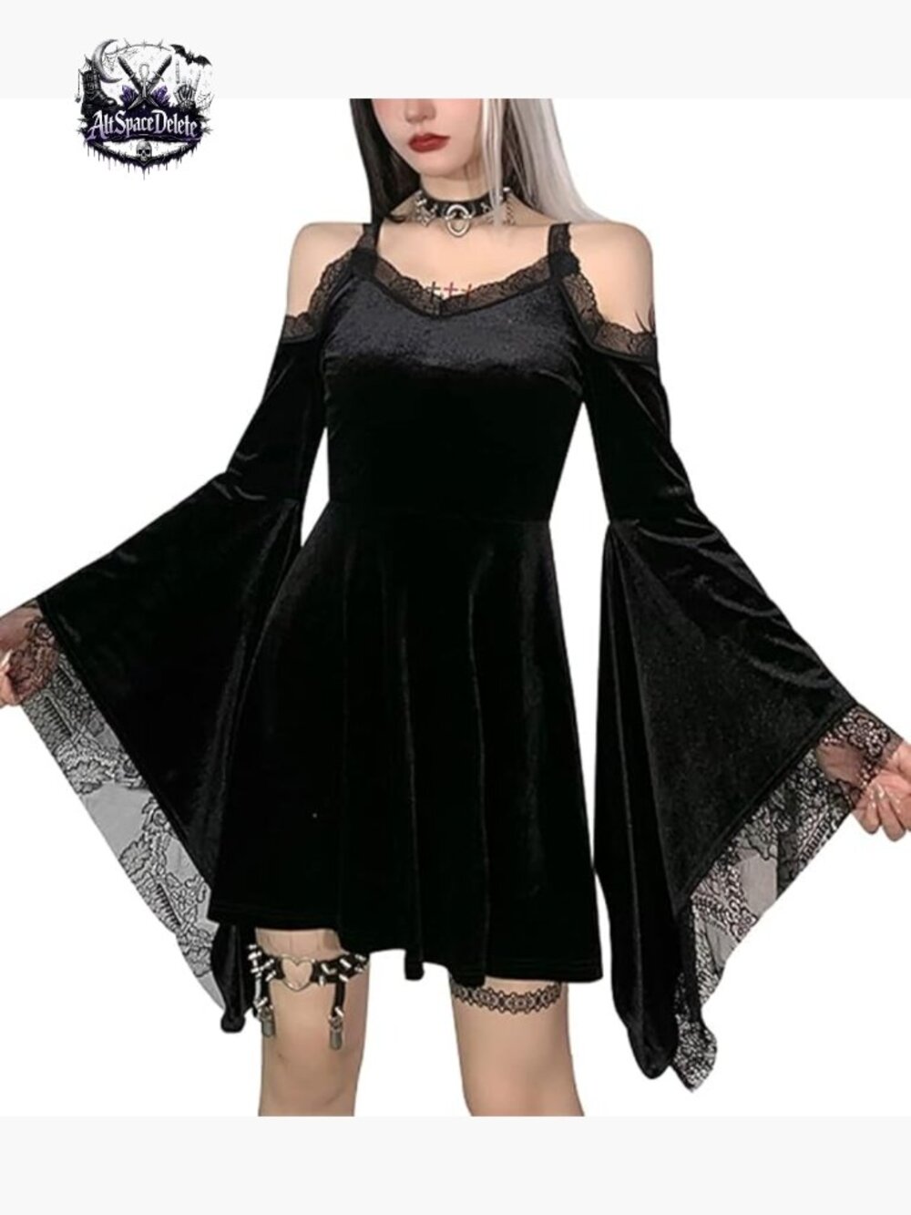 Velvet Halter Dress Long Flare Sleeve High Waist Midi Gothic Punk Vintage